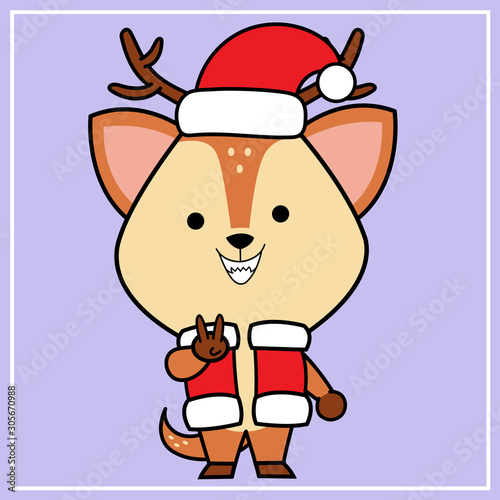 Cute Kawaii Hand Drawn Icon Clipart Deer Character Illustration With Christmas Costume - 22
