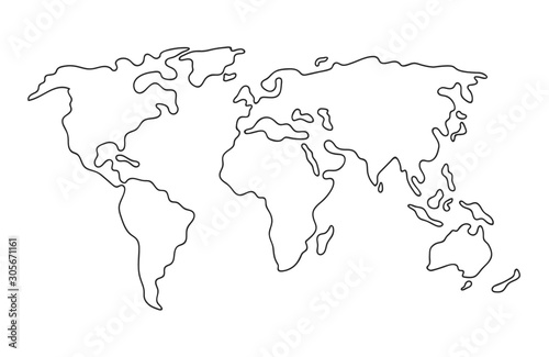 World map. Hand drawn simple stylized continents silhouette in minimal line outline thin shape. Isolated vector illustration