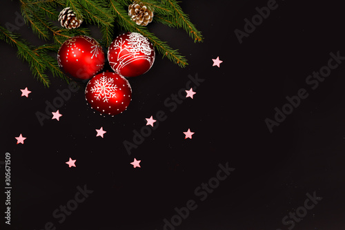 New Year gifts.2020. Snowflakes. Black background. Merry Christmas.Flatlay Xmas. Presents.Mock up.Red decoration