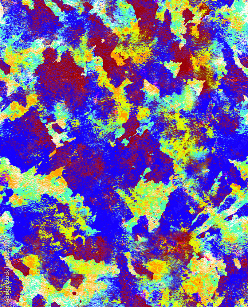 Seamless abstract textural background. Neon shades of blue, red and yellow..