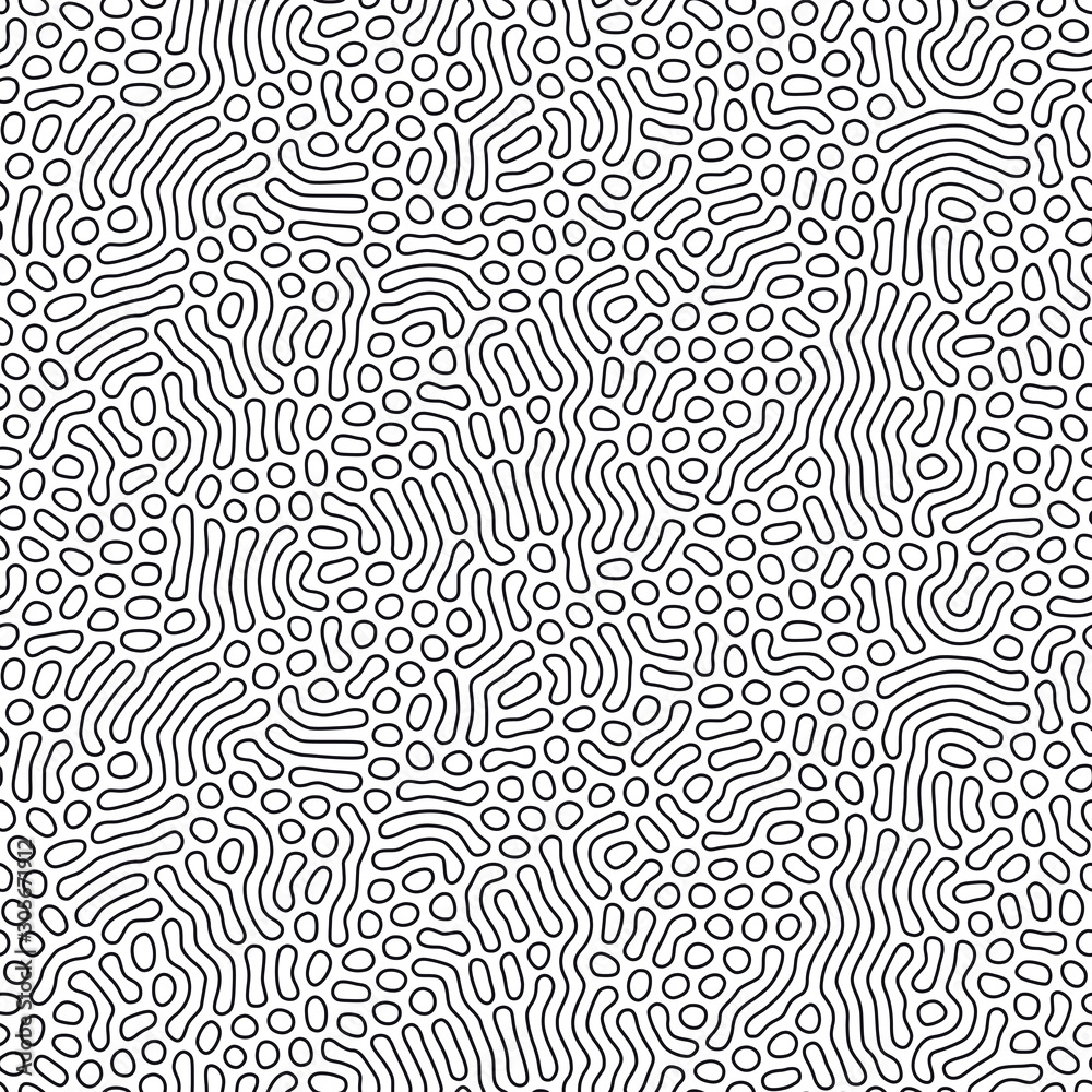 Organic coral background with rounded lines. Diffusion reaction seamless pattern. Linear design with biological shapes. Abstract vector illustration in black and white.