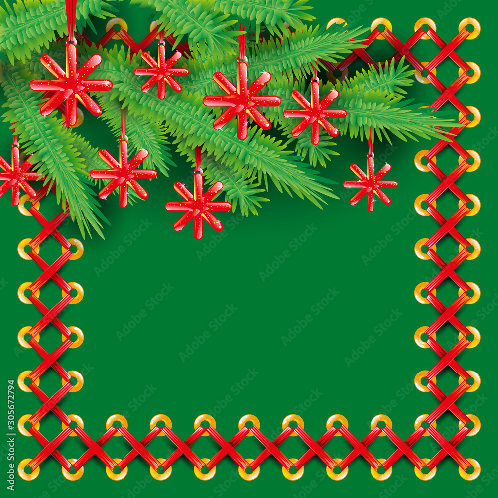 New Year background with a spruce branch decorated with toys, stars and snowflakes. Christmas tree, Pine in a frame from a red silk ribbon, tape on a green background. Holiday greeting card, Vector New Year background with a spruce branch decorated with toys, stars and snowflakes. Christmas tree, Pine in a frame from a red silk ribbon, tape on a green background. Holiday greeting card, Vector
