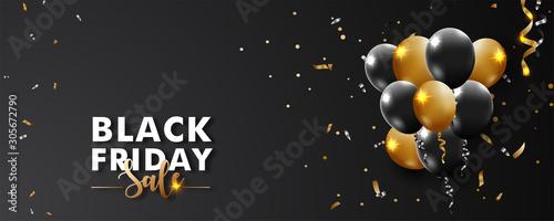 Black friday sale banner, poster with realistic golden and black balloons on black backgrou with particles.