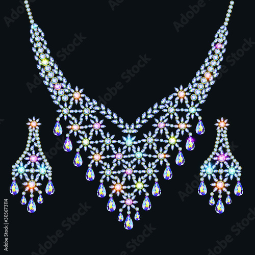 illustration of necklace with shiny jewels and earrings