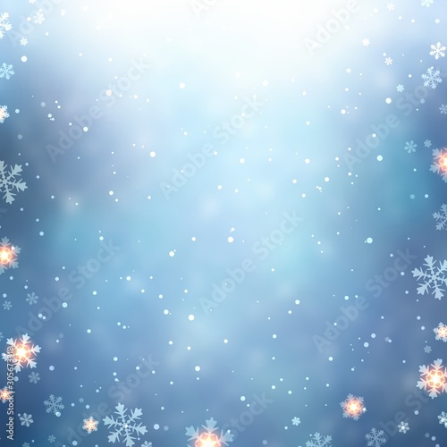 Snowflakes  snow and sparkles on blue flare background. Winter holiday blurred template. Wonderful festive decoration. Xmas magical illustration.