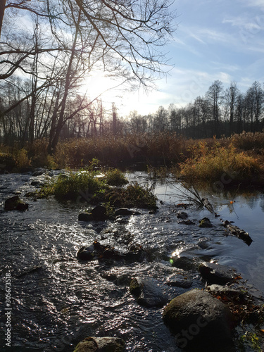 Jesienny poranek nad rzeką. Rzeka Grabia, Ldzań, Polska