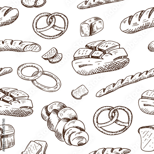 Bakery pattern. Hand drawn bread products on white background. Sketch style. Seamless vector backdrop