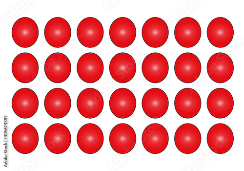 Fondo blanco con óvalos rojos.