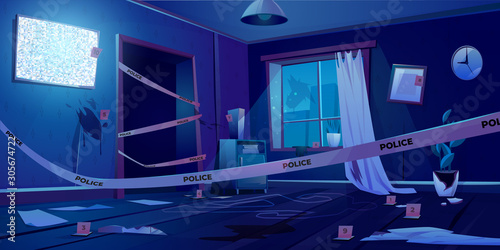 Crime scene at night, murder place in dark room fenced with police tape, chalk line silhouette of dead body on floor, evidence knife blood spots, broken window in apartment Cartoon vector illustration photo