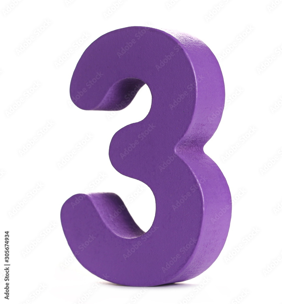 Purple educational number block 3 for children, isolated on white background Purple educational number block 3 for children, isolated on white background