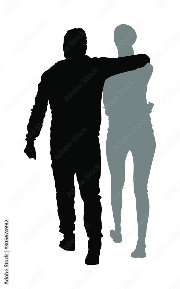 Hugged couple in love vector silhouette. Boy and girl hugging and walking. Togetherness between friends. Teenagers tenderness and closeness. Girlfriend and boyfriend romance. Man love his woman.