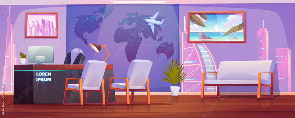 Fototapeta Travel agency office interior with operator reception desk, world map with airplane and pictures of famous sights on wall. Empty room for selling tours, touristic business. Cartoon vector illustration