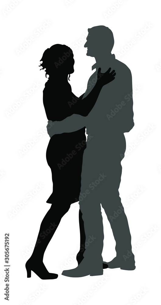 Elegant Latino dancers couple vector silhouette isolated. Sensual tango dancing people in ballroom night event.  Wedding dancer party. Sexy dance. Closeness and love concept. Woman intimate with man.