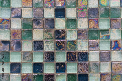 Modern glass mosaic tiles background. Pool or wall glass tiles texture.