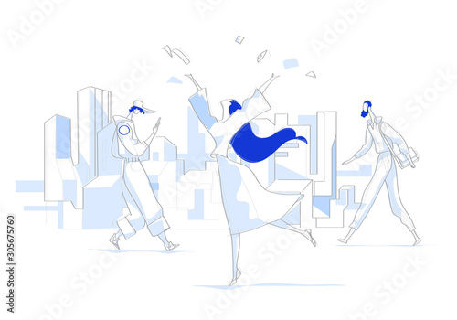 Modern simple style illustration of happy young girl enjoying freedom or feeling in love in the city- Vector