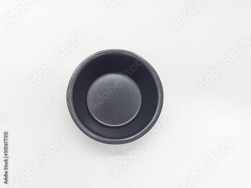Black Metallic Frying Cake or Egg Maker Pan with Multiple Containers for Kitchen Utensils in White Isolated background
