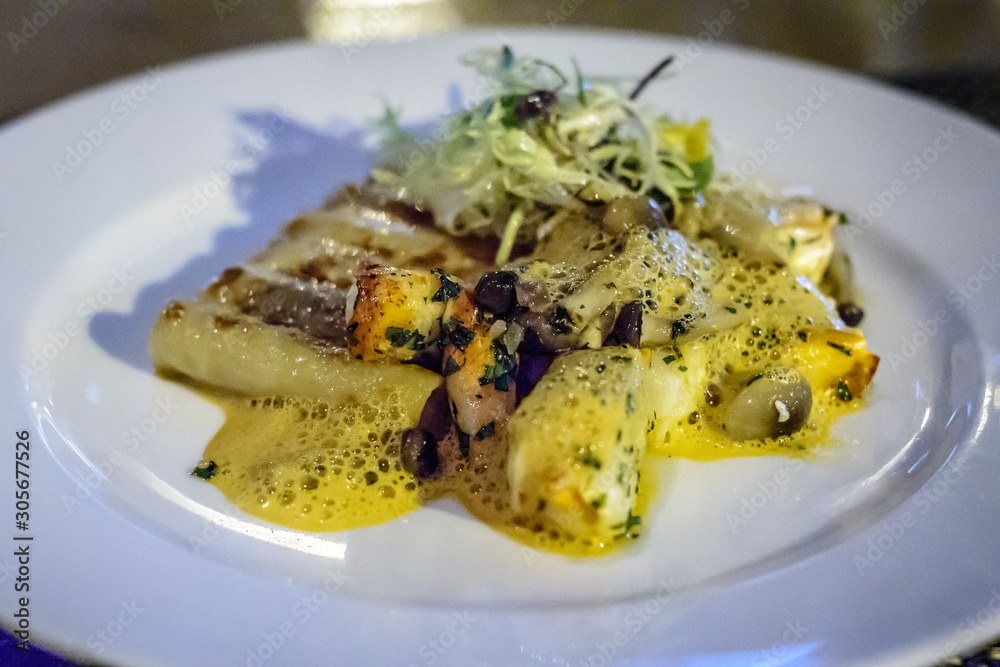 entree of Roasted Maine Lobster with Macaroni, Lingzhi and Yuzu emulsion entree of Roasted Maine Lobster with Macaroni, Lingzhi and Yuzu emulsion