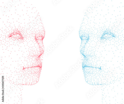 Abstract human faces made of particles. Blue and red face. Vector illustration