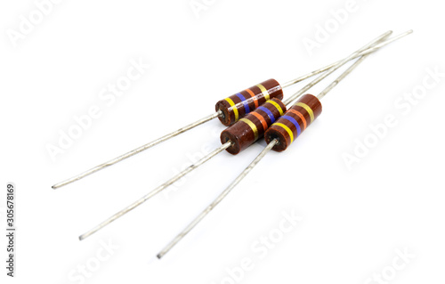 Carbon composition resistors - electronic component on white background