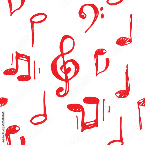 Vector illustrated red ink music notes and keys set pattern