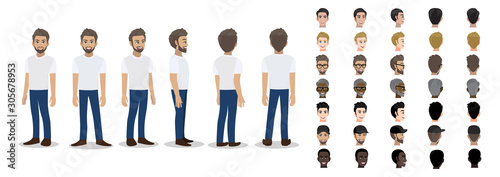 Cartoon character with a man in white casual shirt for animation. Front, side, back, 3-4 view character. Set of male head and flat vector illustration.