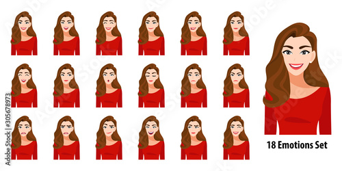 Beautiful long hair lady in red shirt with different facial expressions set isolated in cartoon character style vector illustration