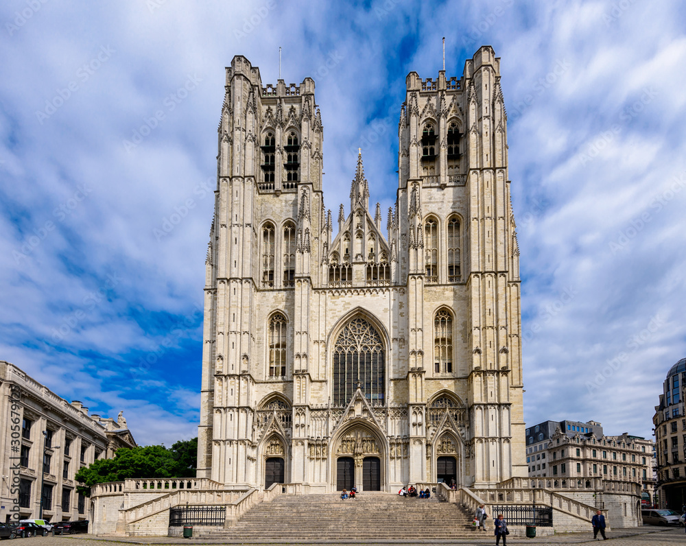 Cathedral of St. Michael and St. Gudula - Roman Catholic church in Brussels, Belgium. Architecture and landmarks of Brussels. Cityscape of Brussels.