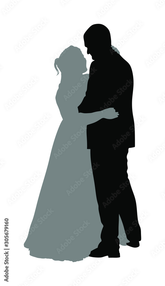 Dancer couple in love vector silhouette isolated. Sensual tango dance on wedding party. Woman and man closeness engagement. Boy hugs girl and dancing. Happy bride and groom on ceremony. Just married. 