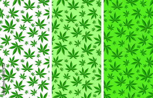 Set of seamless patterns. Cannabis leaves. Isolated on white. Minimalism.
