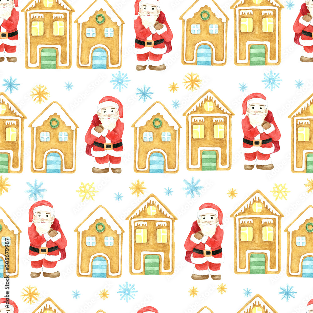 Seamless winter pattern. Christmas watercolor background. Hand drawn, Santa Claus, gingerbread houses and snowflakes. Cartoon character, isolated ojects on white background