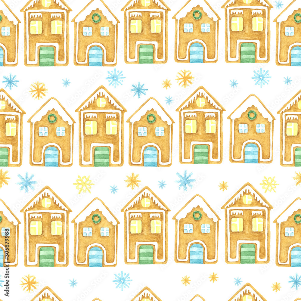Seamless winter pattern. Christmas watercolor background. Hand drawn gingerbread houses and snowflakes. Cartoon character, isolated ojects on white background