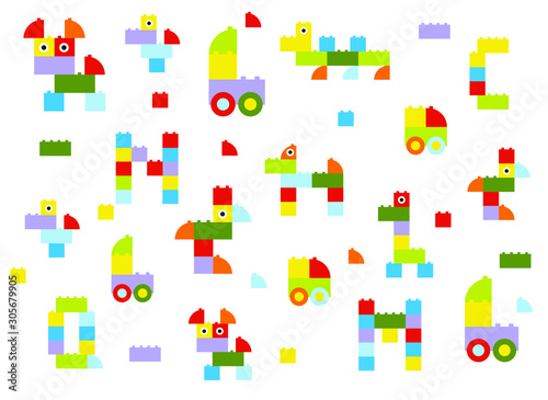 a background of plastic blocks, animal figures, cars and the alphabet, vector illustration, pattern © Anastasiya