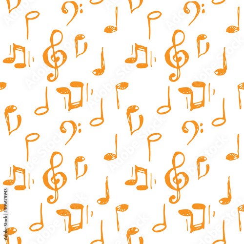 Vector illustrated orange ink music notes and keys pattern