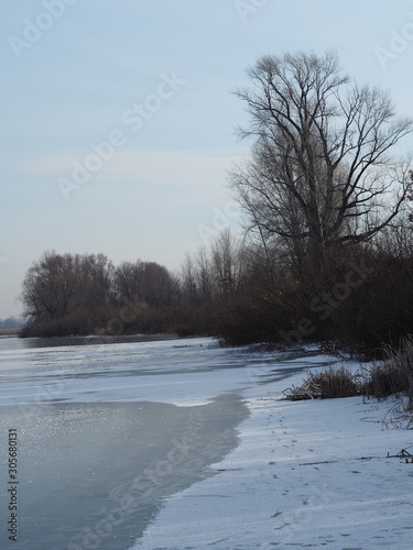 landscape panorama autumn river ice forest