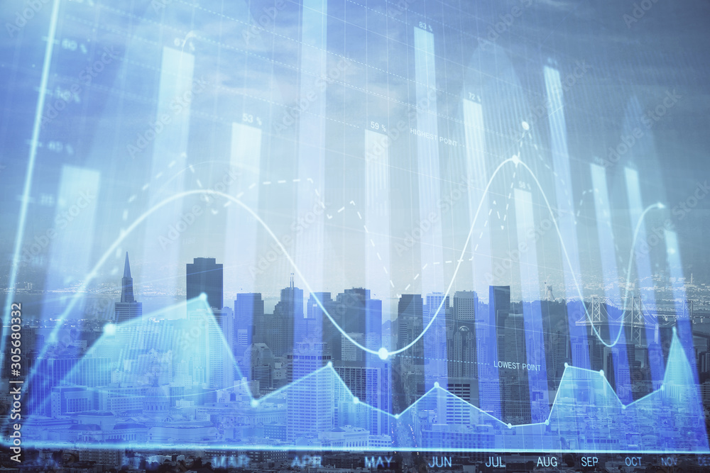 Forex graph on city view with skyscrapers background multi exposure. Financial analysis concept. Forex graph on city view with skyscrapers background multi exposure. Financial analysis concept.