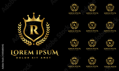 Luxury alphabets logo set with crest Gold color Logo vector, Victory logo, crest logo, vector logo template