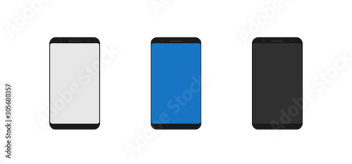 Smartphone icons. Smartphones with white, blue and black screens. Vector