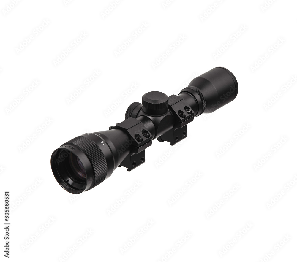 modern black optical scope for weapon isolated on whited. sight scope isolated on white back.