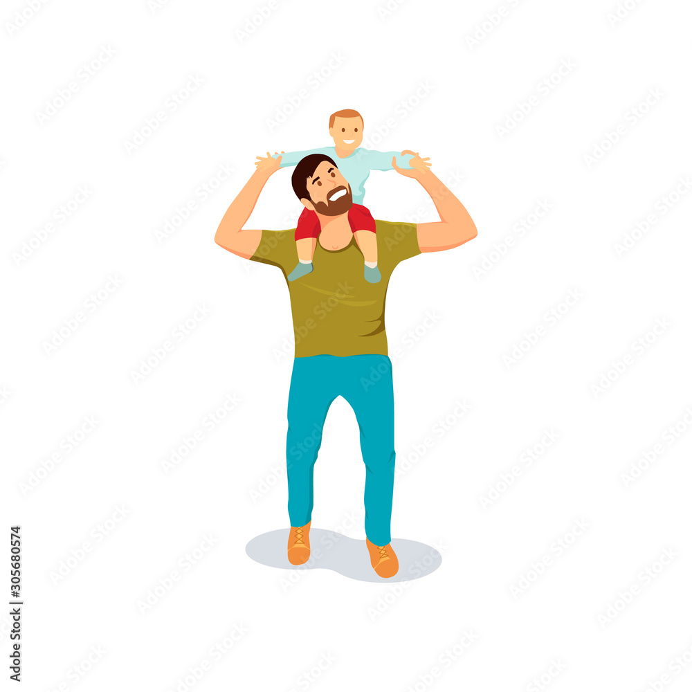 Smiling dad holding son. Joyful father playing with his little kid. Cute cartoon characters isolated on white background. Colorful vector illustration Smiling dad holding son. Joyful father playing with his little kid. Cute cartoon characters isolated on white background. Colorful vector illustration