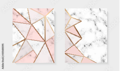 marble textured background collection with golden geometrical line vector