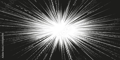Speed lines background with space for text. Effect motion lines for comic book, manga. Radial rays from center of frame with effect explosion. Template for web and print design. Black and white vector