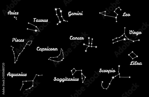 Zodiac Galaxy constellation, zodiac stars collection isolated on black background.