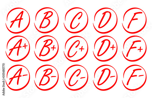 Grades results set. Vector hand drawn grades in red circle. Vector illustration.
