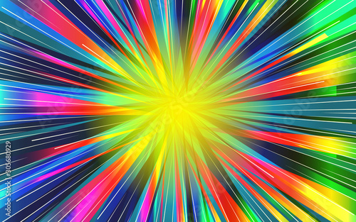 Festive background of bright colorful speed lines. Effect motion lines for comic book and manga. Radial rays from center of frame with effect explosion. Template for web and print design. Vector