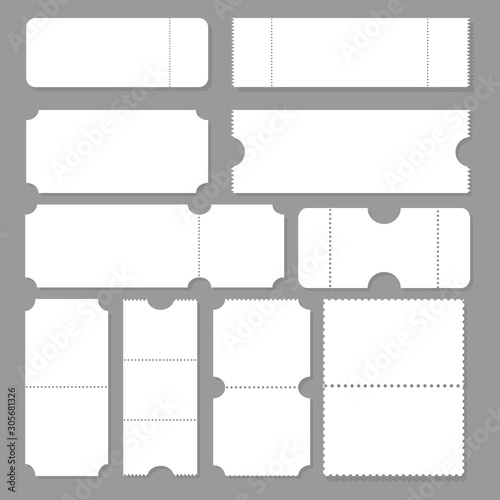 Blank ticket template. Festival concert tickets, white paper coupon card layout and cinema admit one sheet. Event, theater or lottery tickets isolated vector symbols mockup. EPS 10