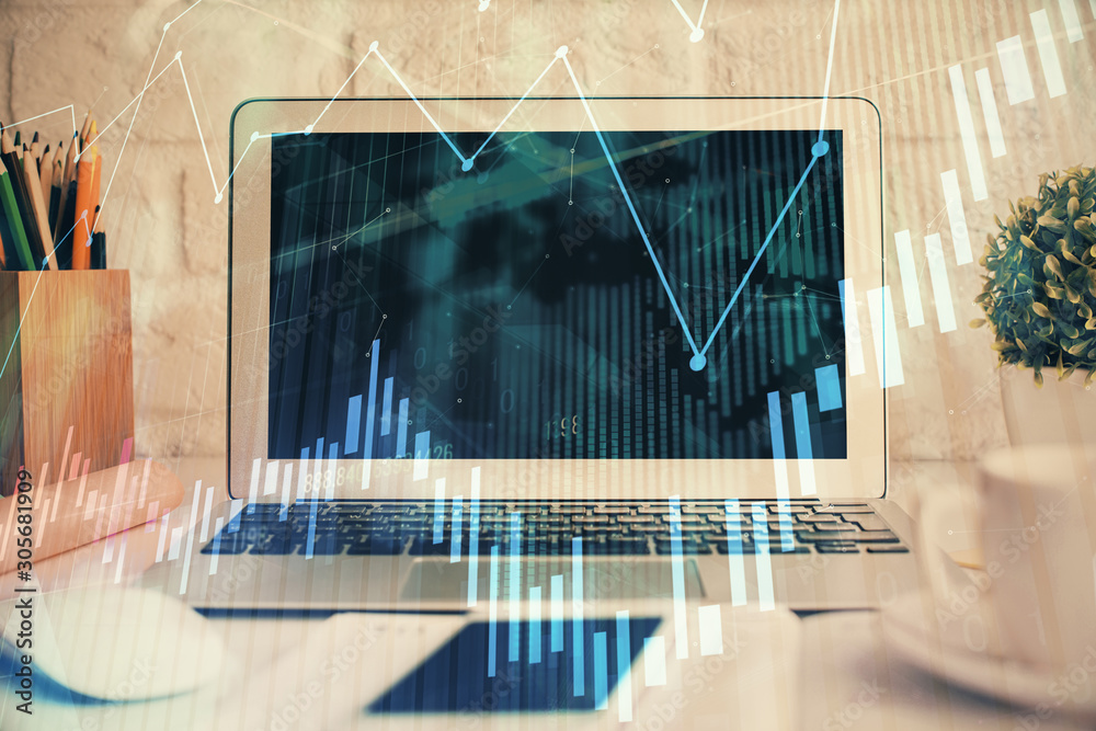 Stock market graph on background with desk and personal computer. Multi exposure. Concept of financial analysis. Stock market graph on background with desk and personal computer. Multi exposure. Concept of financial analysis.