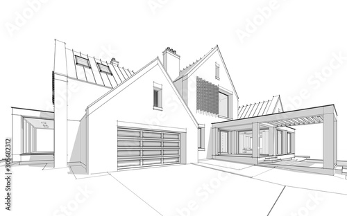 3d rendering of modern cozy clinker house on the ponds with garage and pool for sale or rent. Black line sketch with soft light shadows on white background