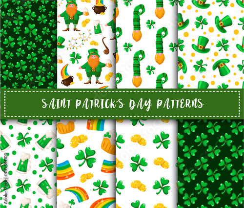Saint Patrick day seamless pattern set - shamrock, leprechaun, bowler hat, cute dwarf, golden coins treasure, magic rainbow - traditional holiday vector background for wrapping, textile, digital paper