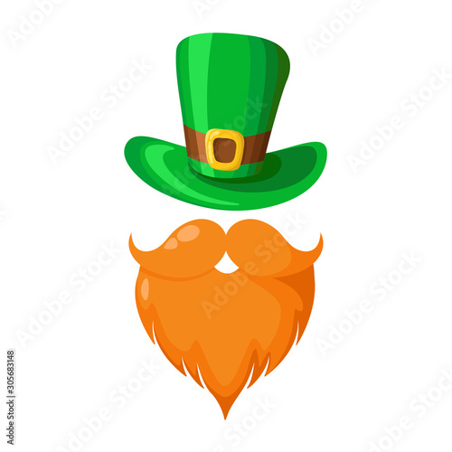 Saint Patricks Day cartoon bowler hat, boots and long green striped ctockings, traditional symbols and decorations of folk holiday, vector isolated icon on white