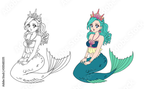 Anime style pretty mermaid with curly green hair and fish tail. Sitting pose. Big shell crown. Isolated on white. Vector illustration for coloring book, children game, greeting card, sticker, shirt.